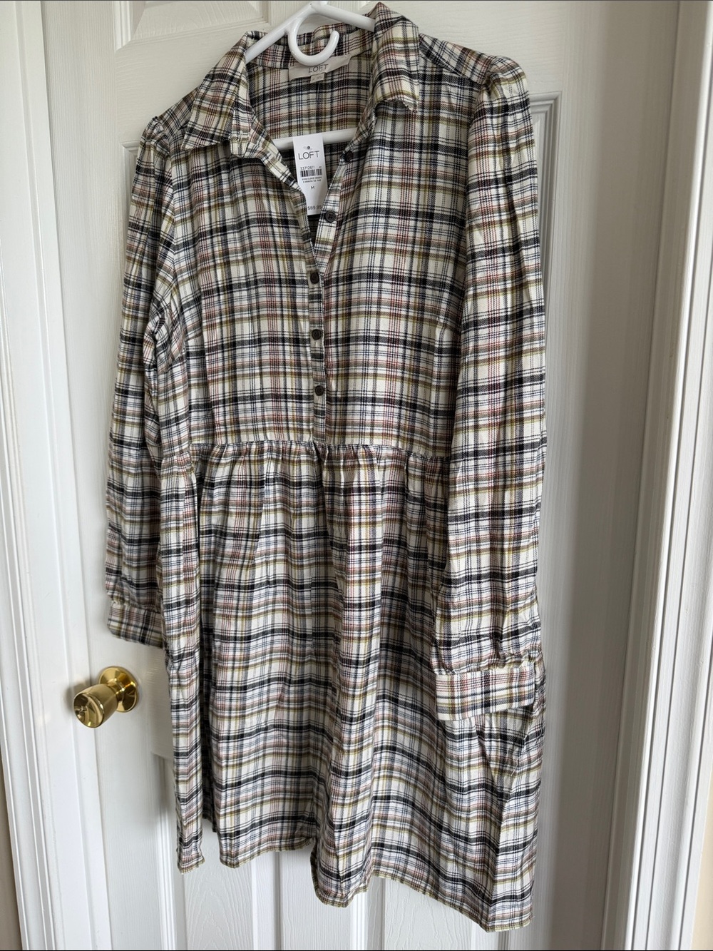 NWT LOFT Plaid Button-Front Midi Dress in Cream, Brown, Olive - Picture 7 of 11